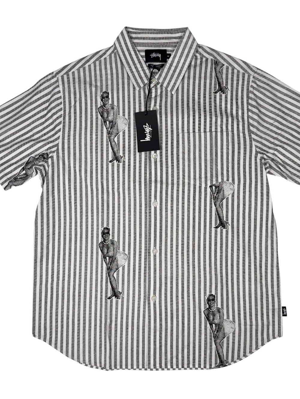 Stussy Button Down Short Sleeve Pin Up Girl Striped Shirt Mens Size M 2015